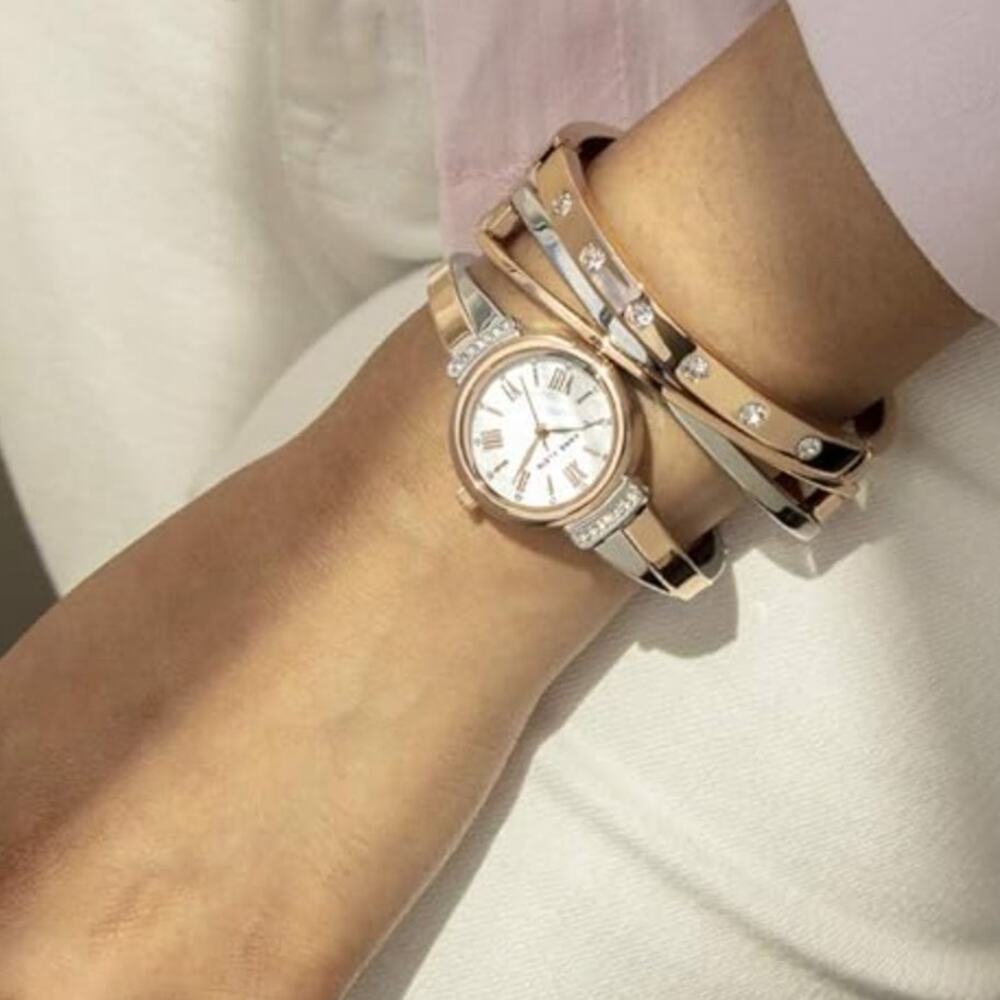 Anne Klein AK-5441RTST Crystal Accented Bangle Watch and Bracelet Set Rose Gold